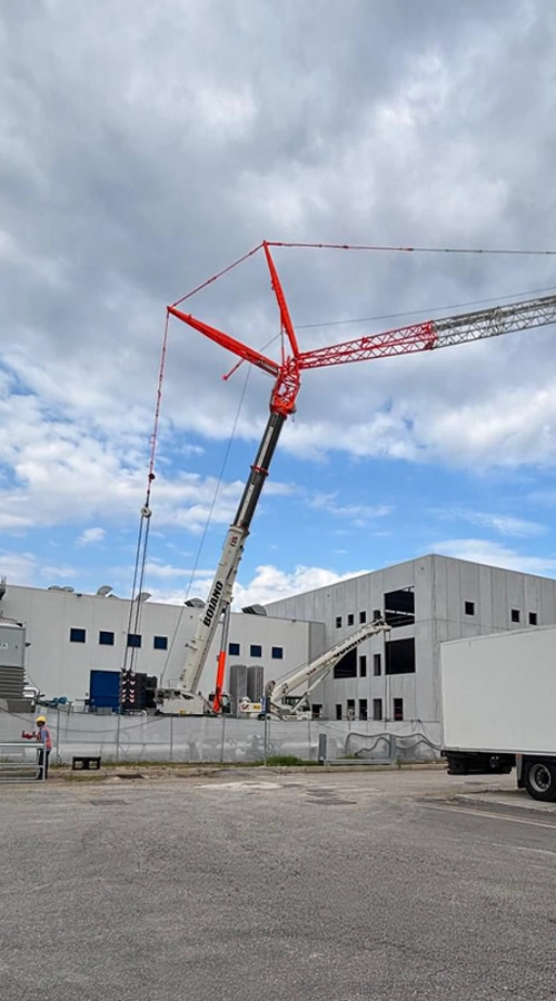 Montaggio struttura capannone industriale con gru in cantiere COIM 2005